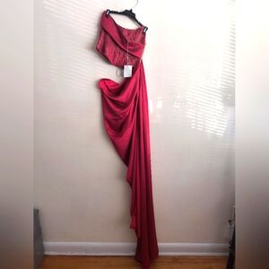Miss Circle Burgundy Prisa Satin Corset High Slit Gown Dress Medium